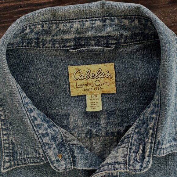 Cabela's Men's Tall 100% Cotton Long Sleeve Thick Blue Denim Button Down Shirt - Picture 3 of 7